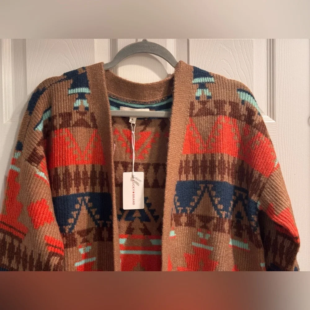 NWT Lucky Brand Brown / Multi Color Aztec Cardigan Sweater - Picture 2 of 7